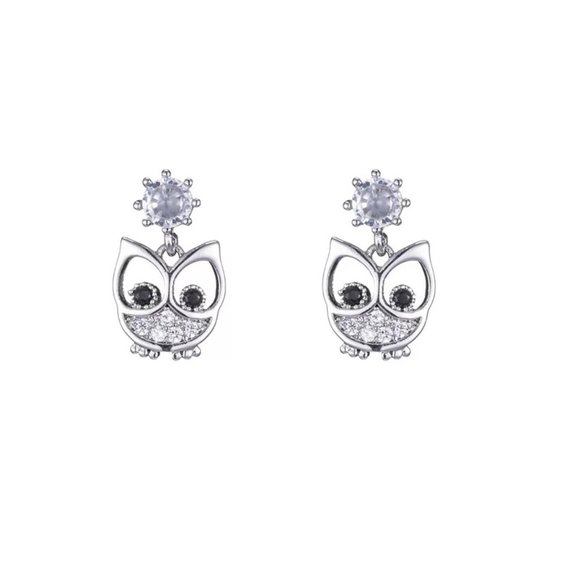 Jewelry - 14k Gold Adorable Diamond Owl Earrings Sterling Silver